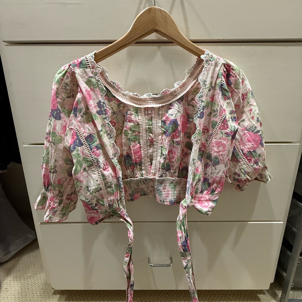 LoveShackFancy White Floral Puff Sleeve Crop Blouse